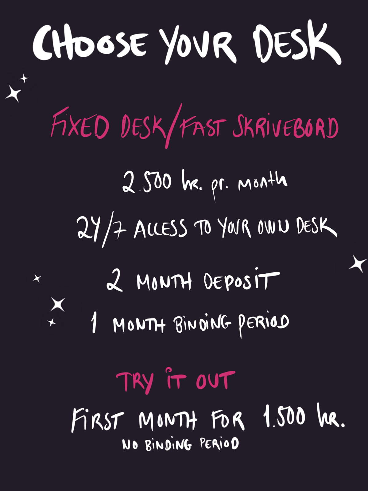 Choose your desk. Fixed desk/fast skrivebord: 2.500 kr. pr. month, 24/7 access to your own desk, 2 month deposit, 1 month binding period. Try it out: first month for 1.500 kr, no binding period.